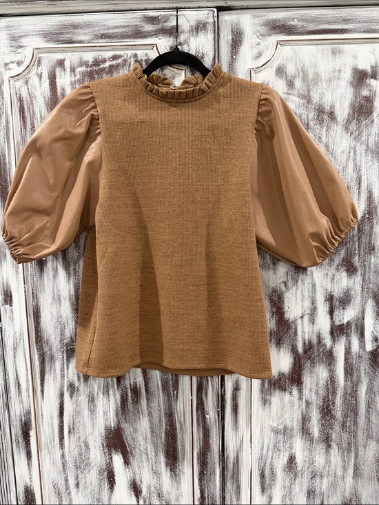 THML Tops - THML Camel Puff Sleeve Ruffle Neck Knit Top